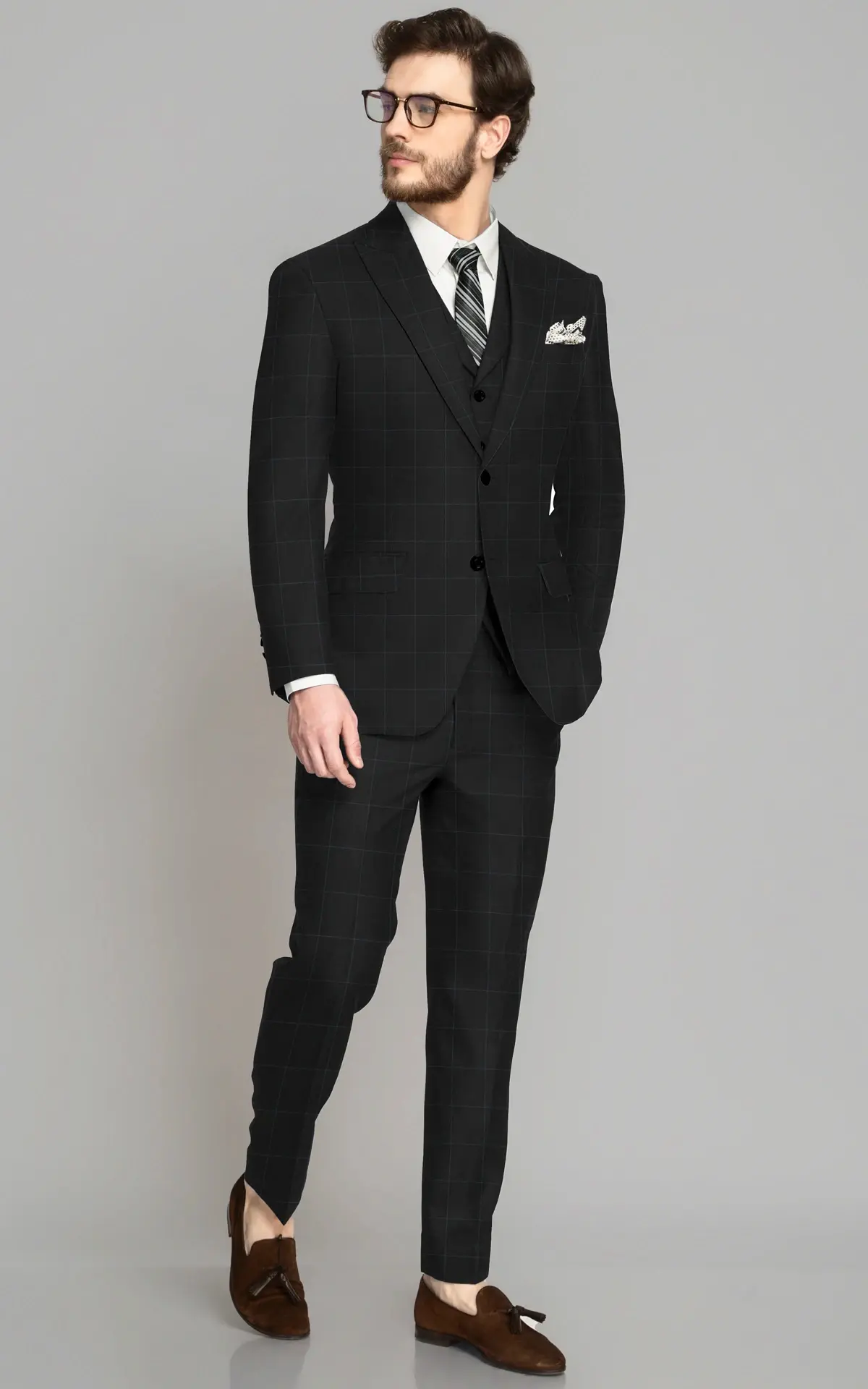 Blue Checks Black Wool Suit