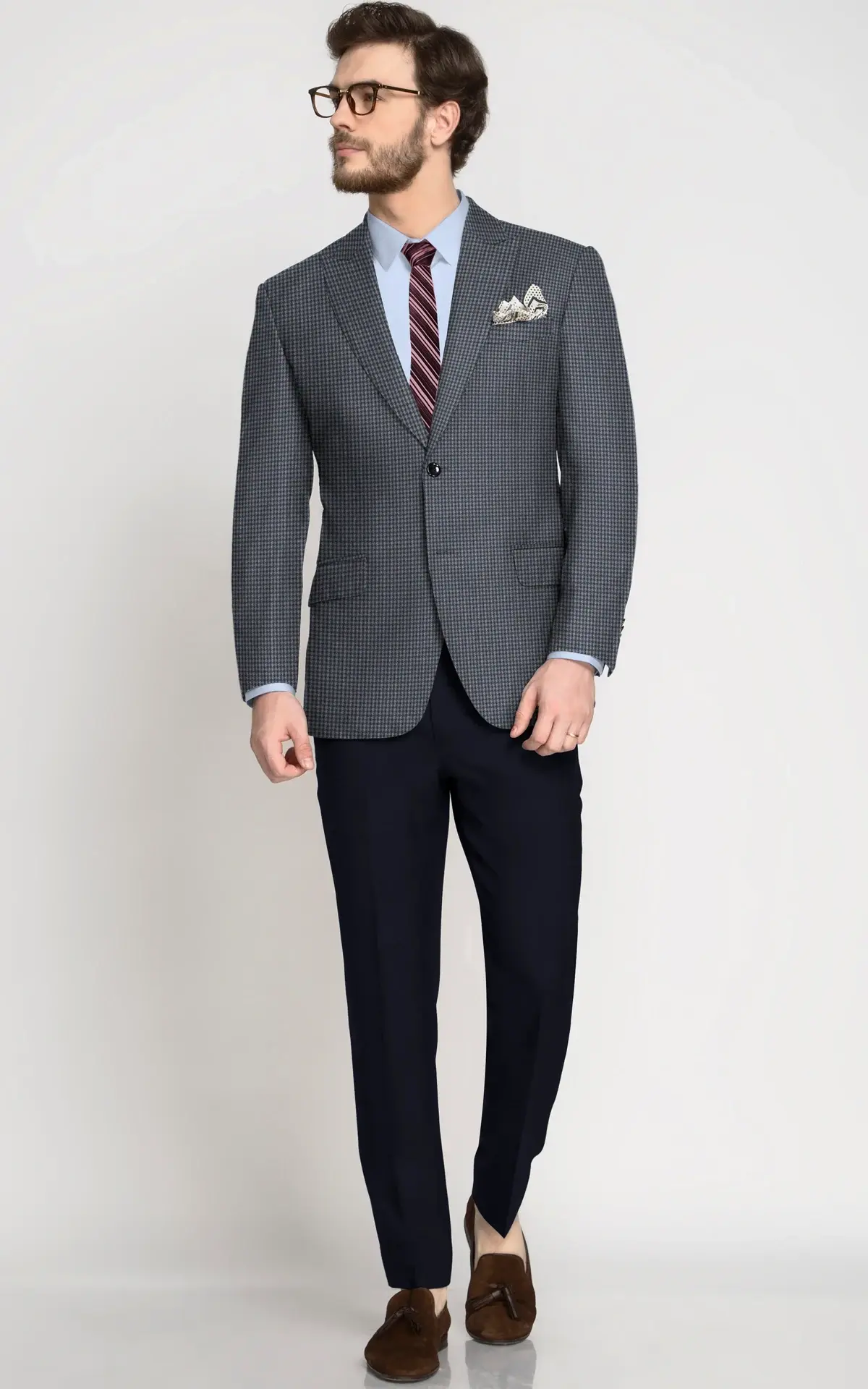 Bluish Grey Houndstooth Wool Blazer