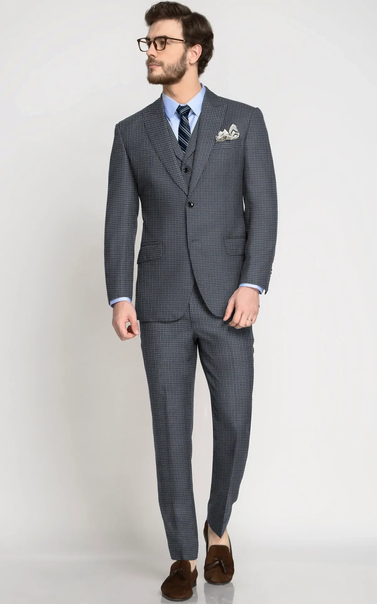 Bluish Grey Houndstooth Wool  Suit