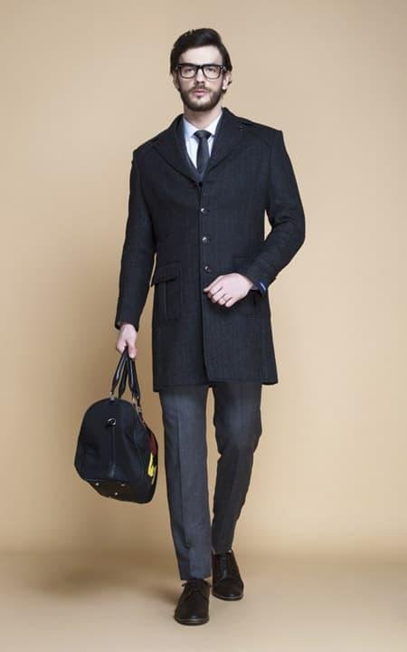 Charcoal Herringbone Wool Overcoat