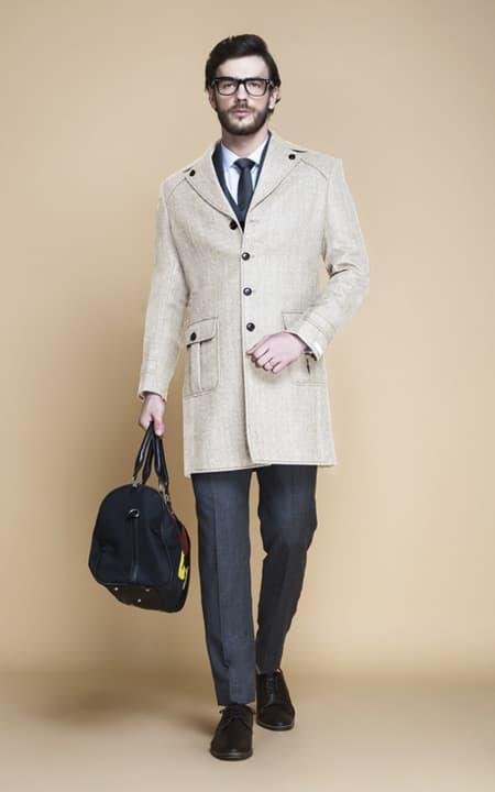 Cream Herringbone Wool Overcoat