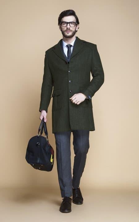 Sea Green Herringbone Wool Overcoat