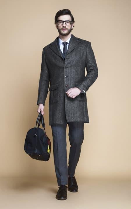 Steel Gray Herringbone Wool Overcoat